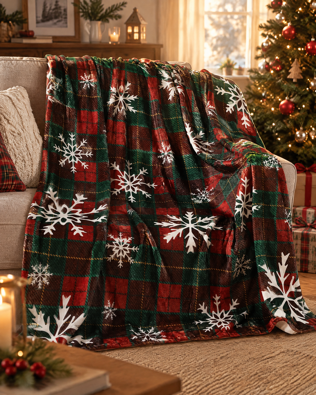 Cosycombe™ Red Tartan Christmas Throw in Soft Flannel Fleece With Snowflakes