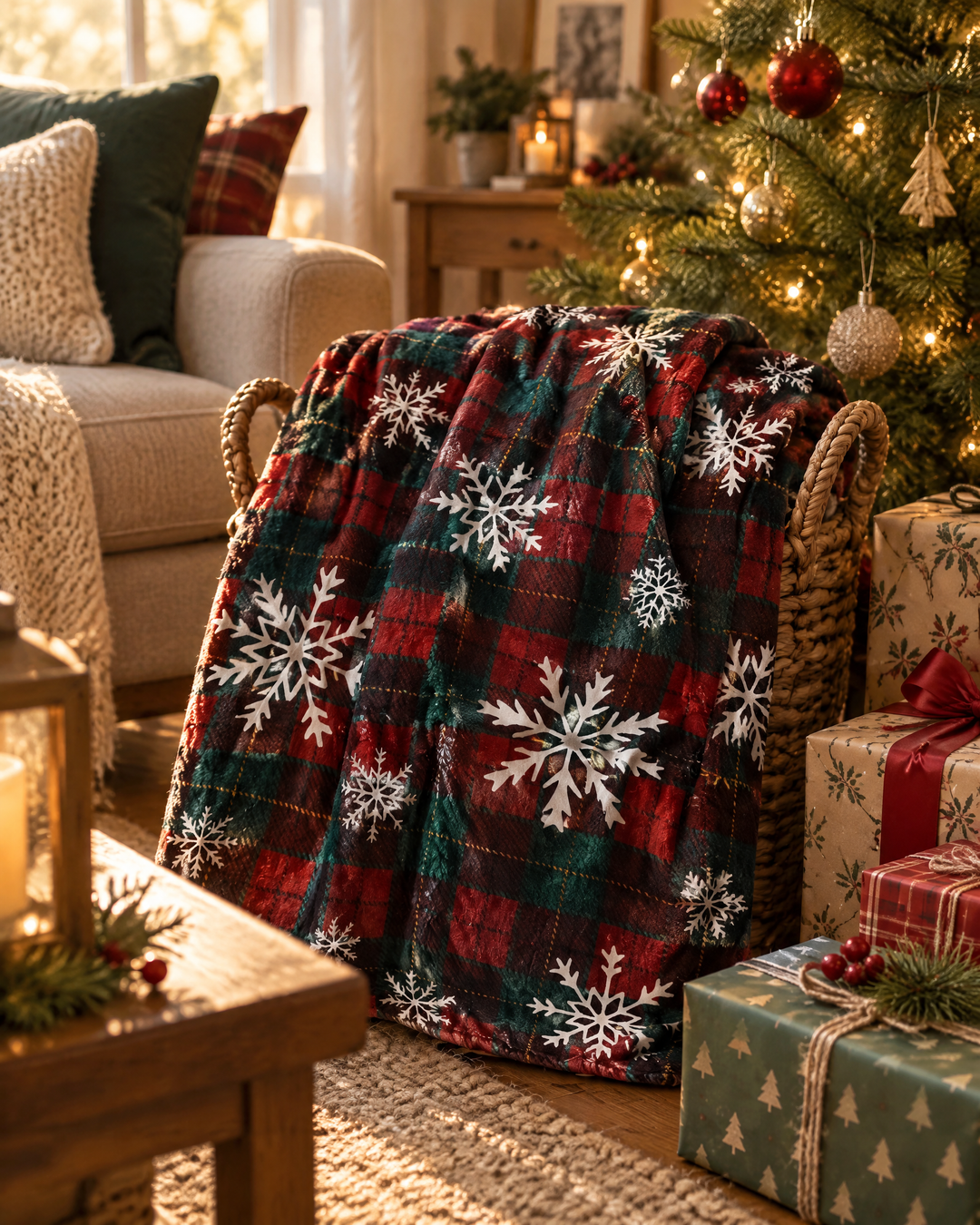 Cosycombe™ Red Tartan Christmas Throw in Soft Flannel Fleece With Snowflakes