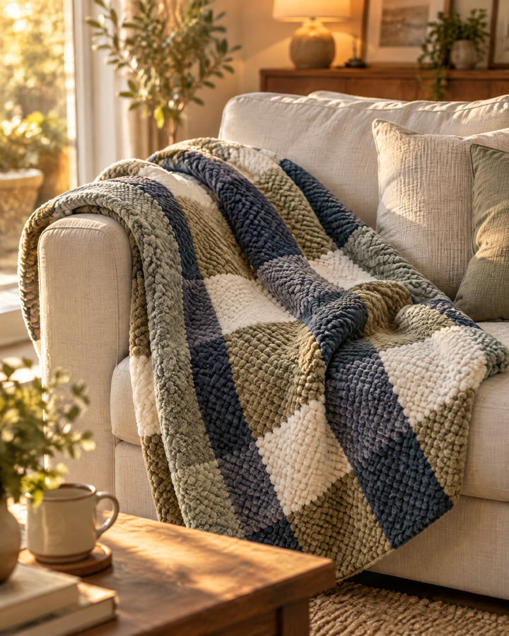 Cosycombe™ Chunky Chenille Knit Throw in Check and Stripe, Washable
