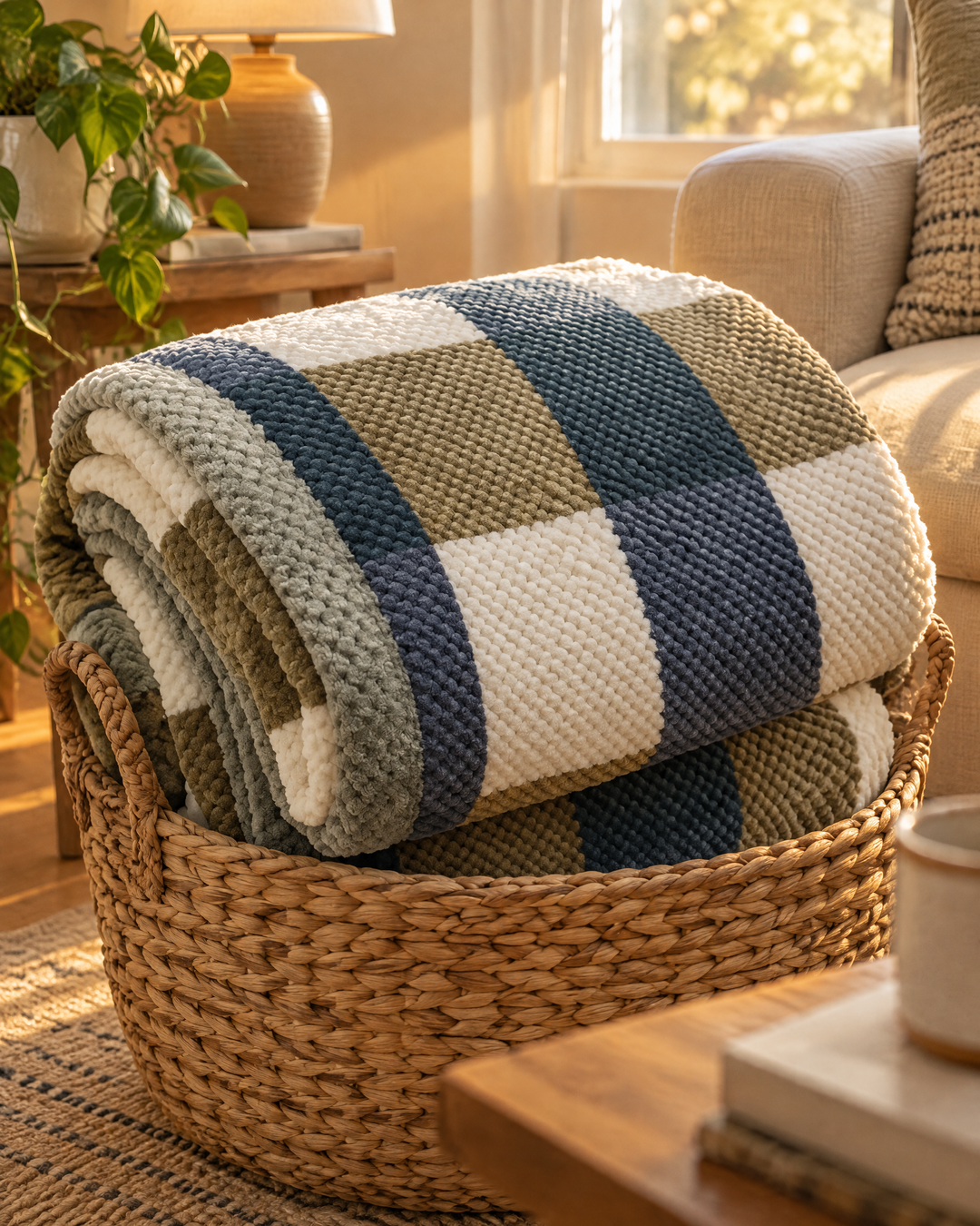 Cosycombe™ Chunky Chenille Knit Throw in Check and Stripe, Washable