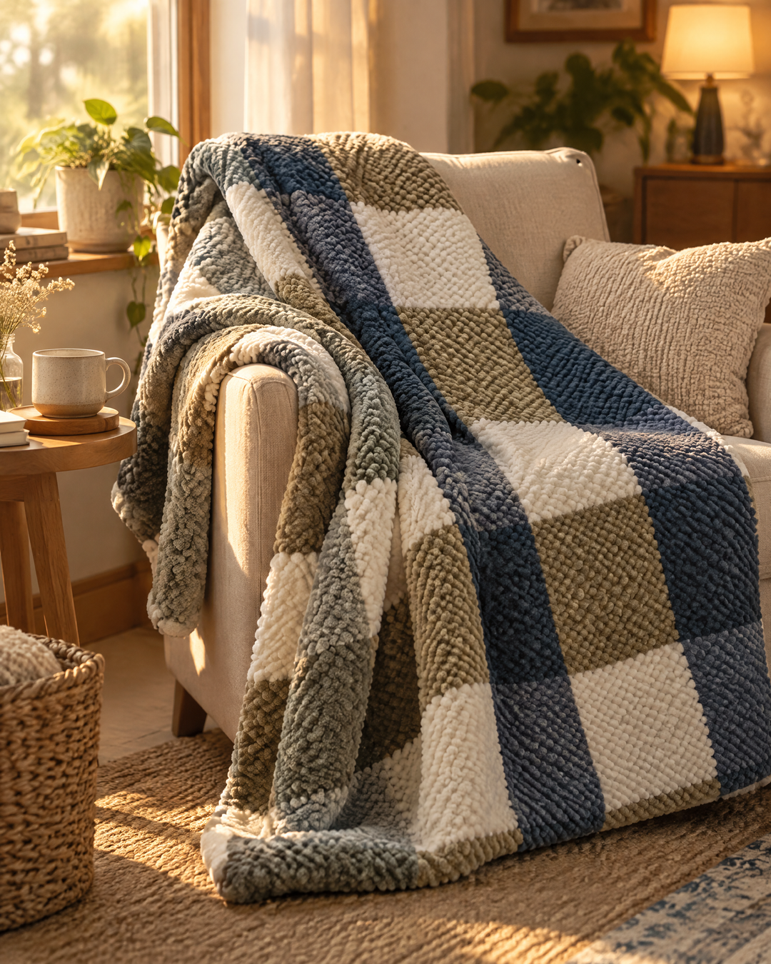 Cosycombe™ Chunky Chenille Knit Throw in Check and Stripe, Washable