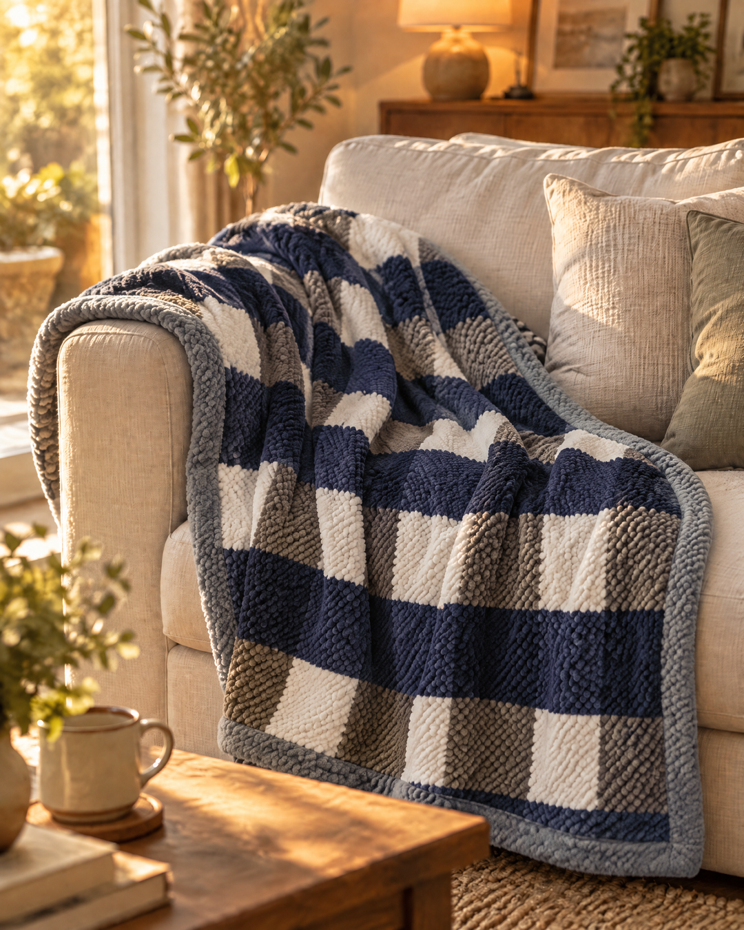 Cosycombe™ Chunky Chenille Knit Throw in Check and Stripe, Washable