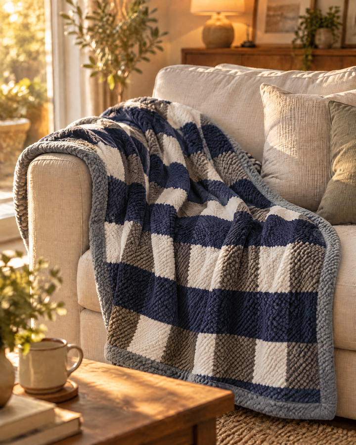 Cosycombe™ Chunky Chenille Knit Throw in Check and Stripe, Washable