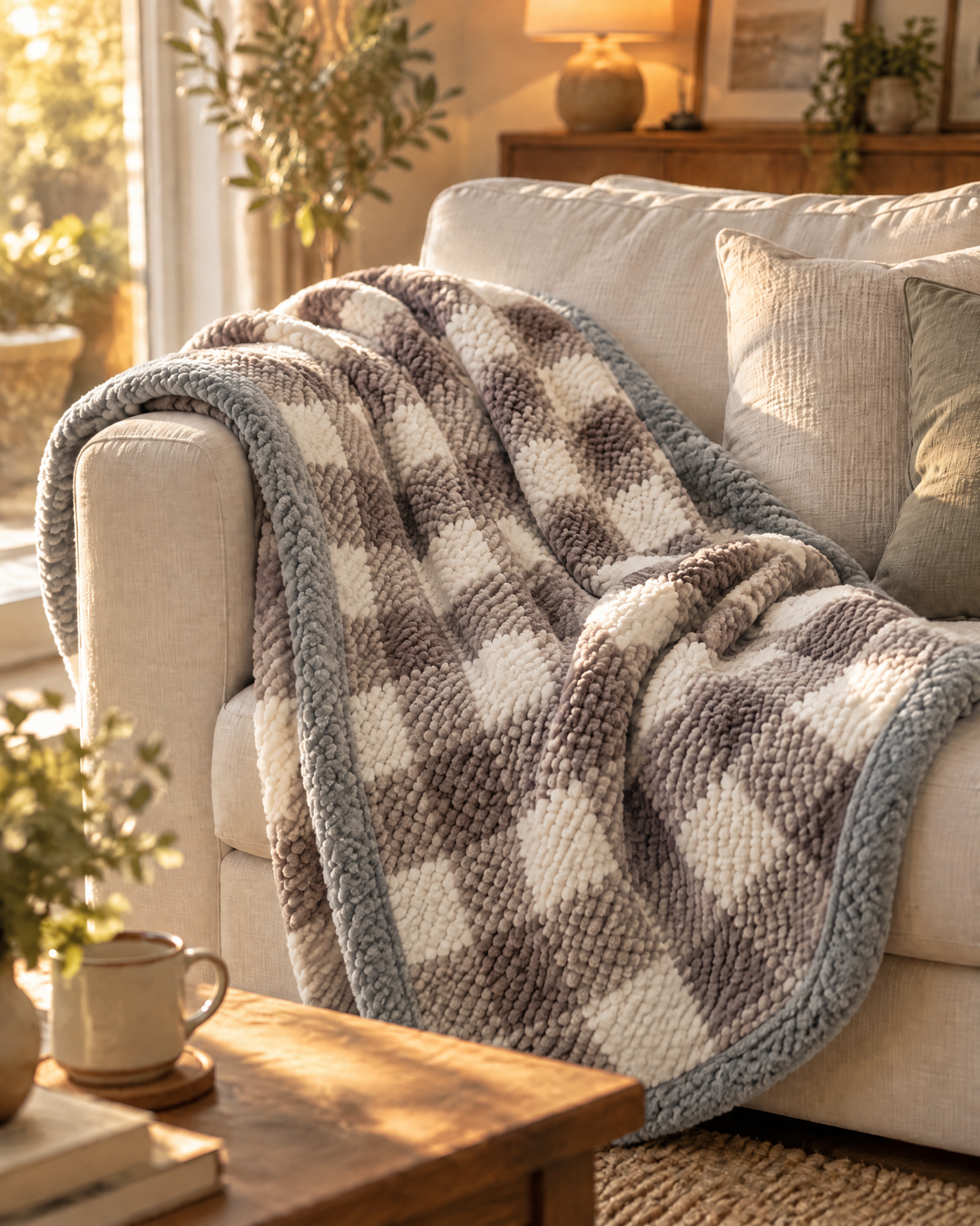 Cosycombe™ Chunky Chenille Knit Throw in Check and Stripe, Washable
