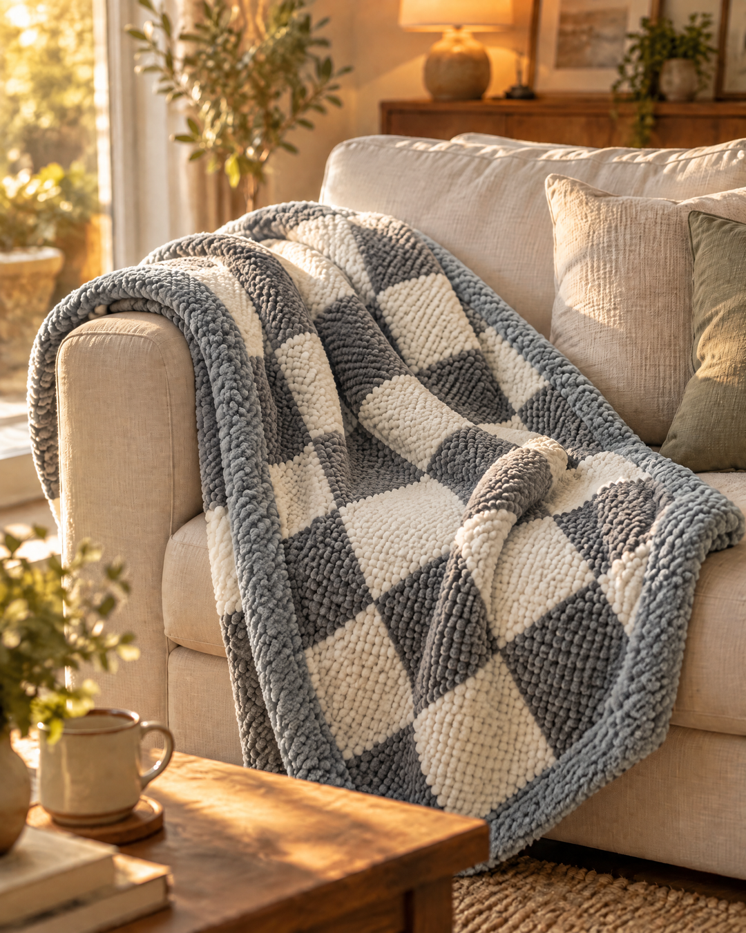 Cosycombe™ Chunky Chenille Knit Throw in Check and Stripe, Washable