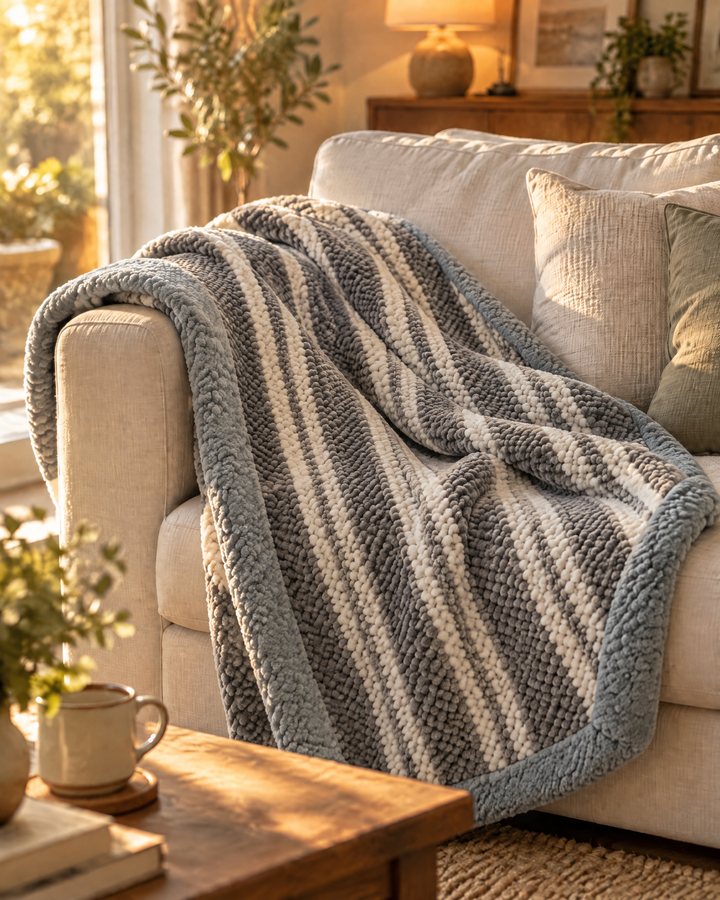 Cosycombe™ Chunky Chenille Knit Throw in Check and Stripe, Washable