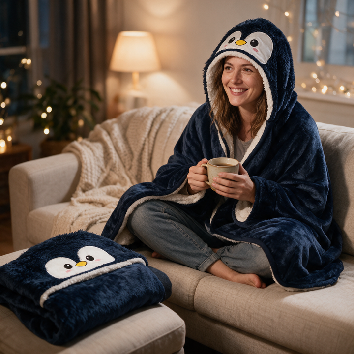 Cosycombe™ Penguin Wearable Blanket with Oversized Hood and Buttons