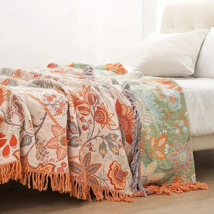 Cosycombe™ Boho Cotton Throw Blanket with Floral Print and Fringe