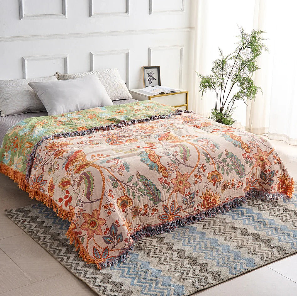 Cosycombe™ Floral Cotton Throw Blanket with Bohemian Fringe Edges