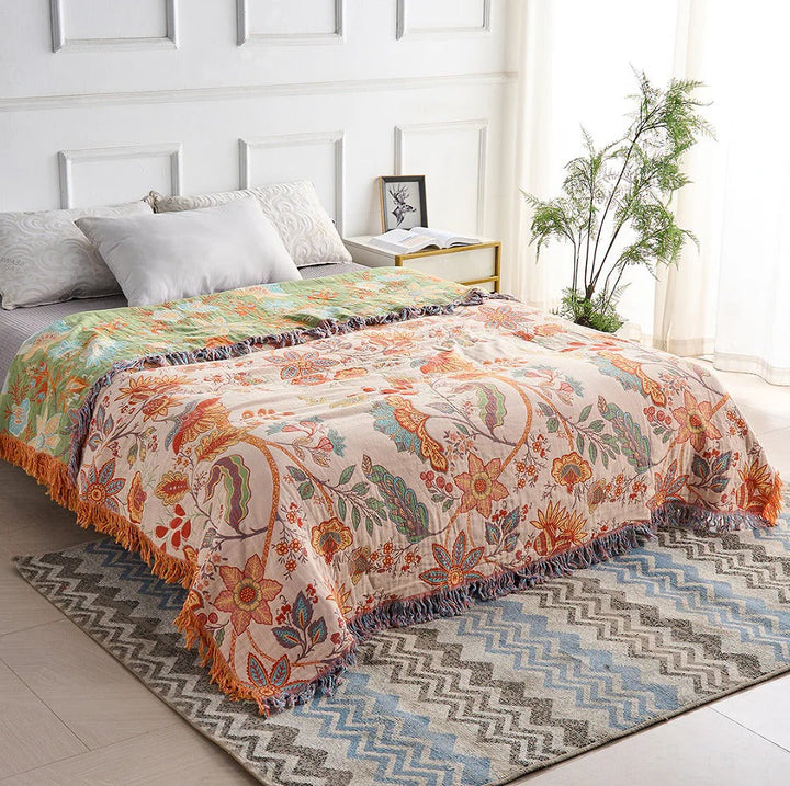 Cosycombe™ Floral Cotton Throw Blanket with Bohemian Fringe Edges