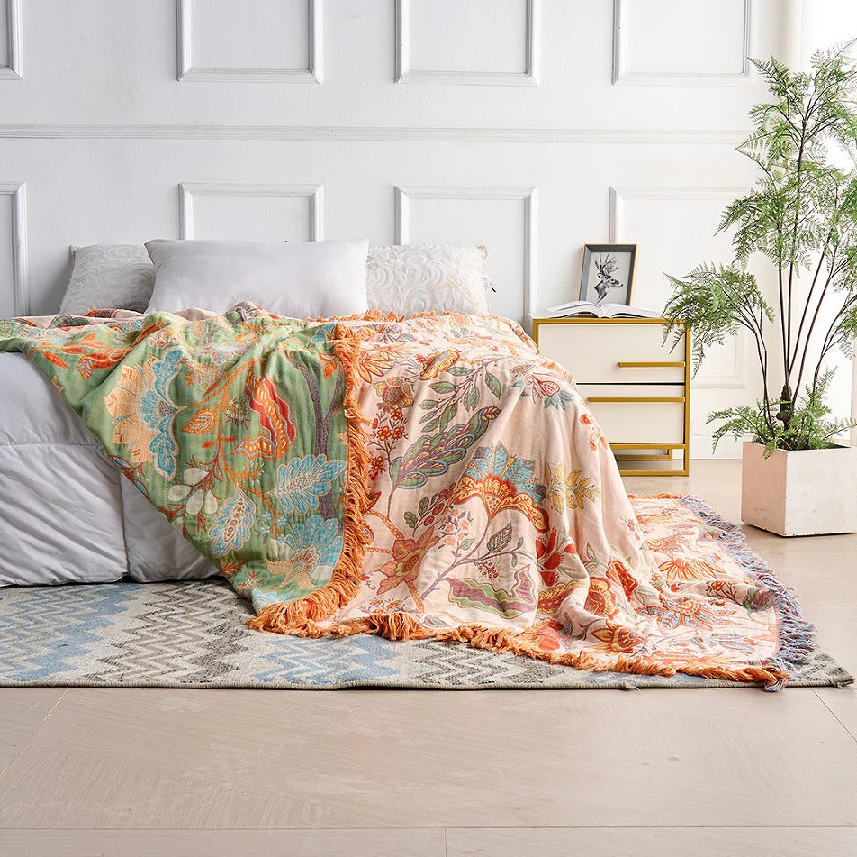 Cosycombe™ Boho Cotton Throw Blanket with Floral Print and Fringe