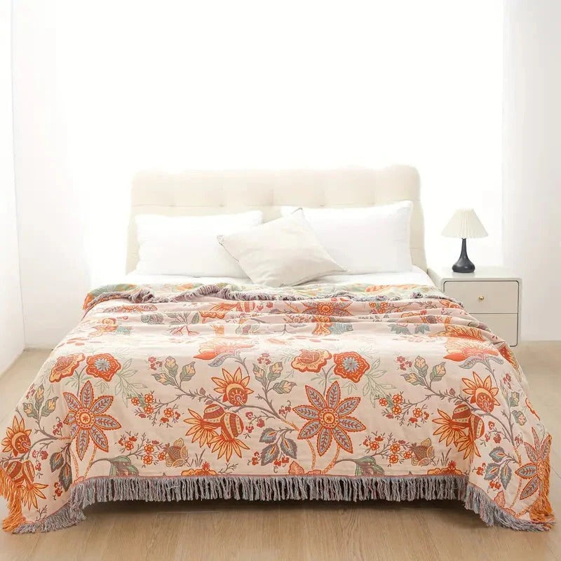 Cosycombe™ Floral Cotton Throw Blanket with Bohemian Fringe Edges