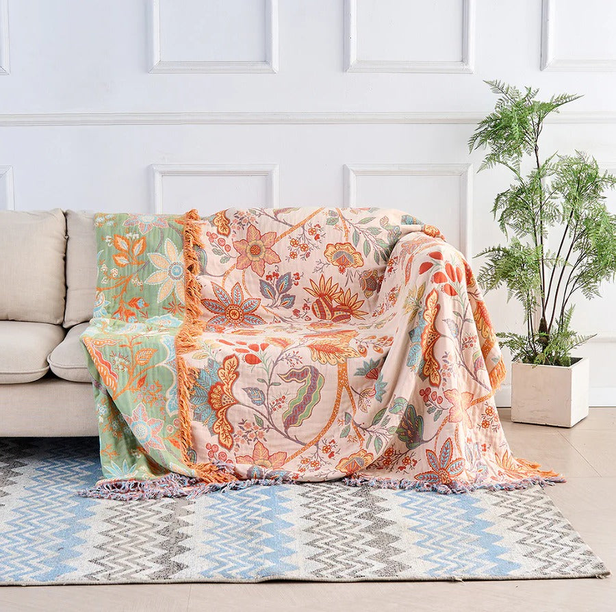 Cosycombe™ Floral Cotton Throw Blanket with Bohemian Fringe Edges