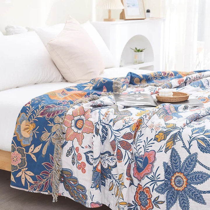 Cosycombe™ Rustic Floral Cotton Blanket, Reversible with Tassel Trim