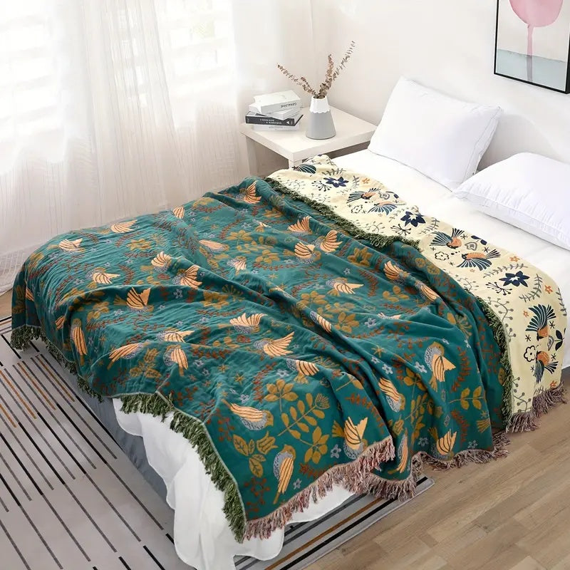 Cosycombe™ Reversible Teal and Cream Throw With Birds and Fringed Edges