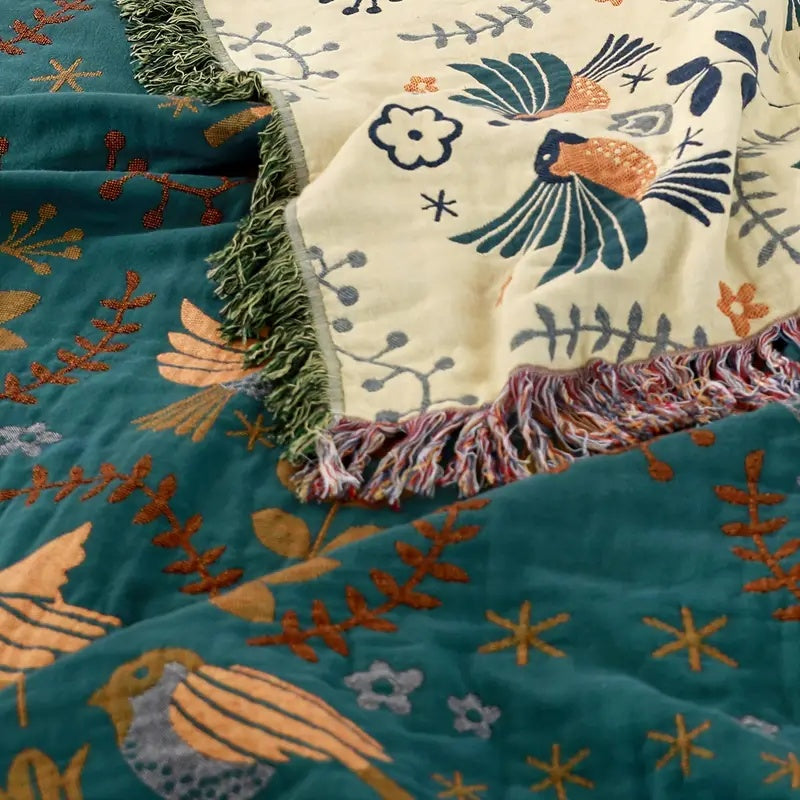 Cosycombe™ Reversible Teal and Cream Throw With Birds and Fringed Edges