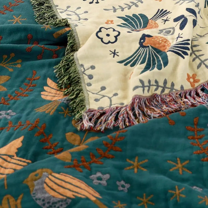 Cosycombe™ Reversible Teal and Cream Throw With Birds and Fringed Edges