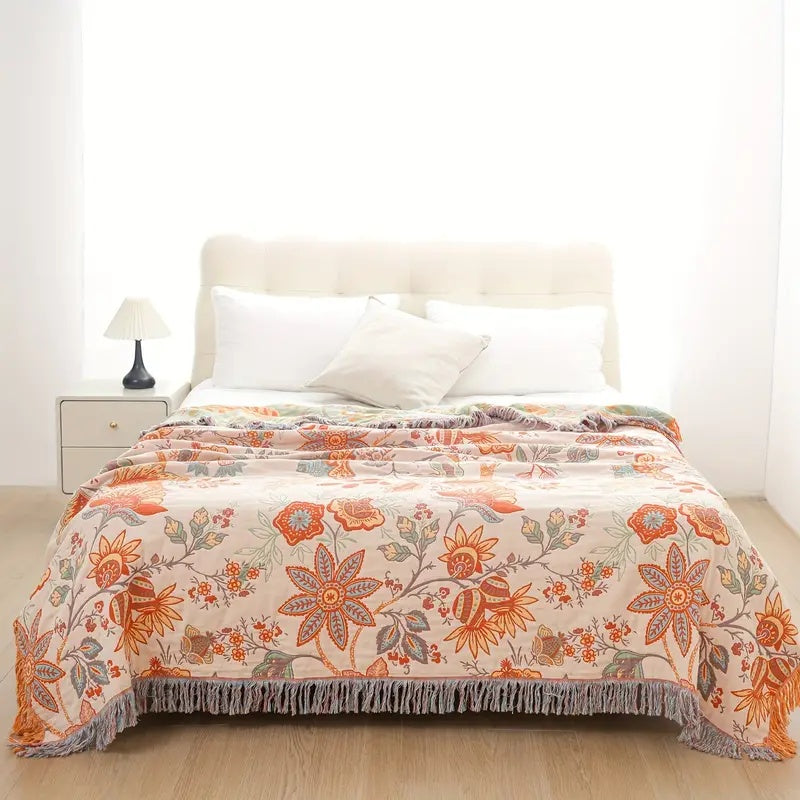 Cosycombe™ Boho Floral Cotton Throw with Fringe in Orange and Blue