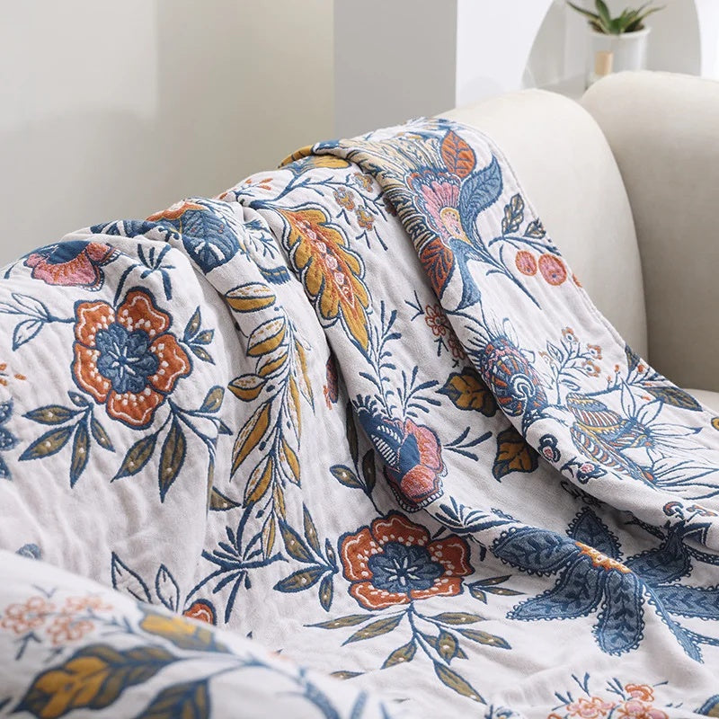 Cosycombe™ Rustic Floral Cotton Blanket, Reversible with Tassel Trim