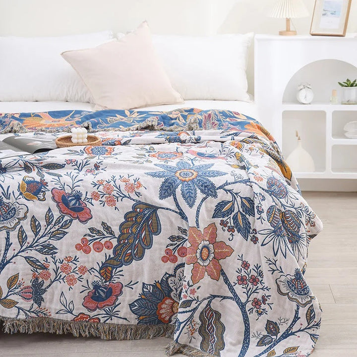 Cosycombe™ Rustic Floral Cotton Blanket, Reversible with Tassel Trim