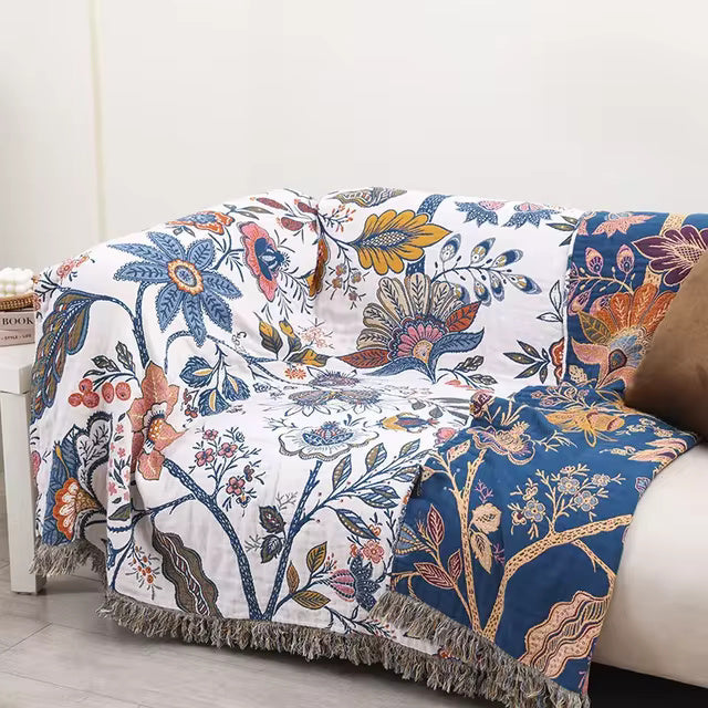 Cosycombe™ Rustic Floral Cotton Blanket, Reversible with Tassel Trim