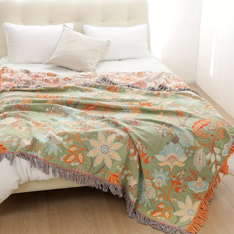 Cosycombe™ Boho Floral Cotton Throw with Fringe in Orange and Blue