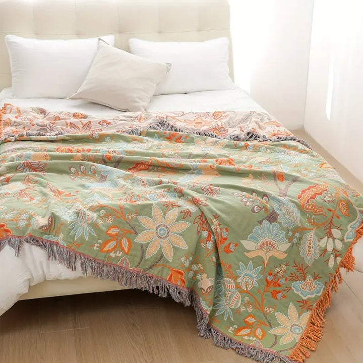 Cosycombe™ Boho Floral Cotton Throw with Fringe in Orange and Blue