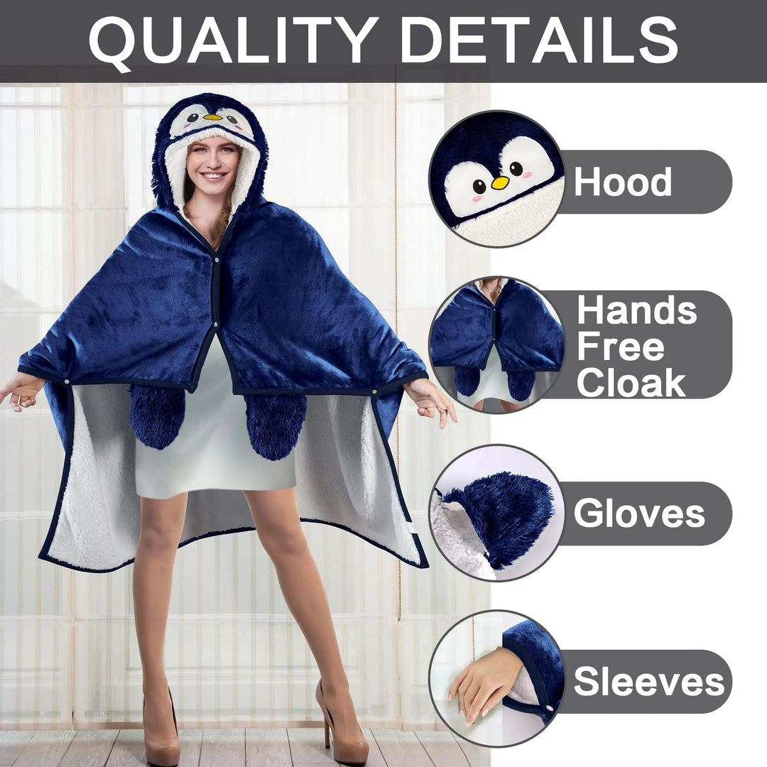Cosycombe™ Penguin Wearable Blanket with Oversized Hood and Buttons