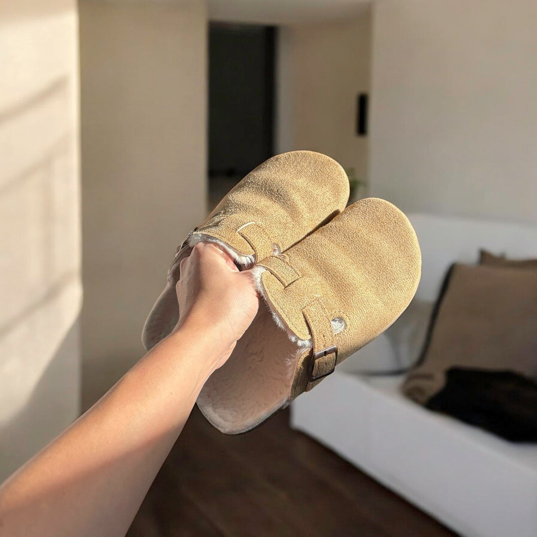 Cosycombe™ Suede Clogs with Faux Fur Lining and Cork Footbed