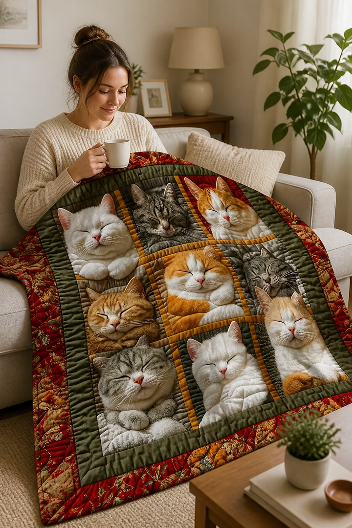 Cosycombe™ Reversible Flannel Throw with Nine Sleeping Cats Print