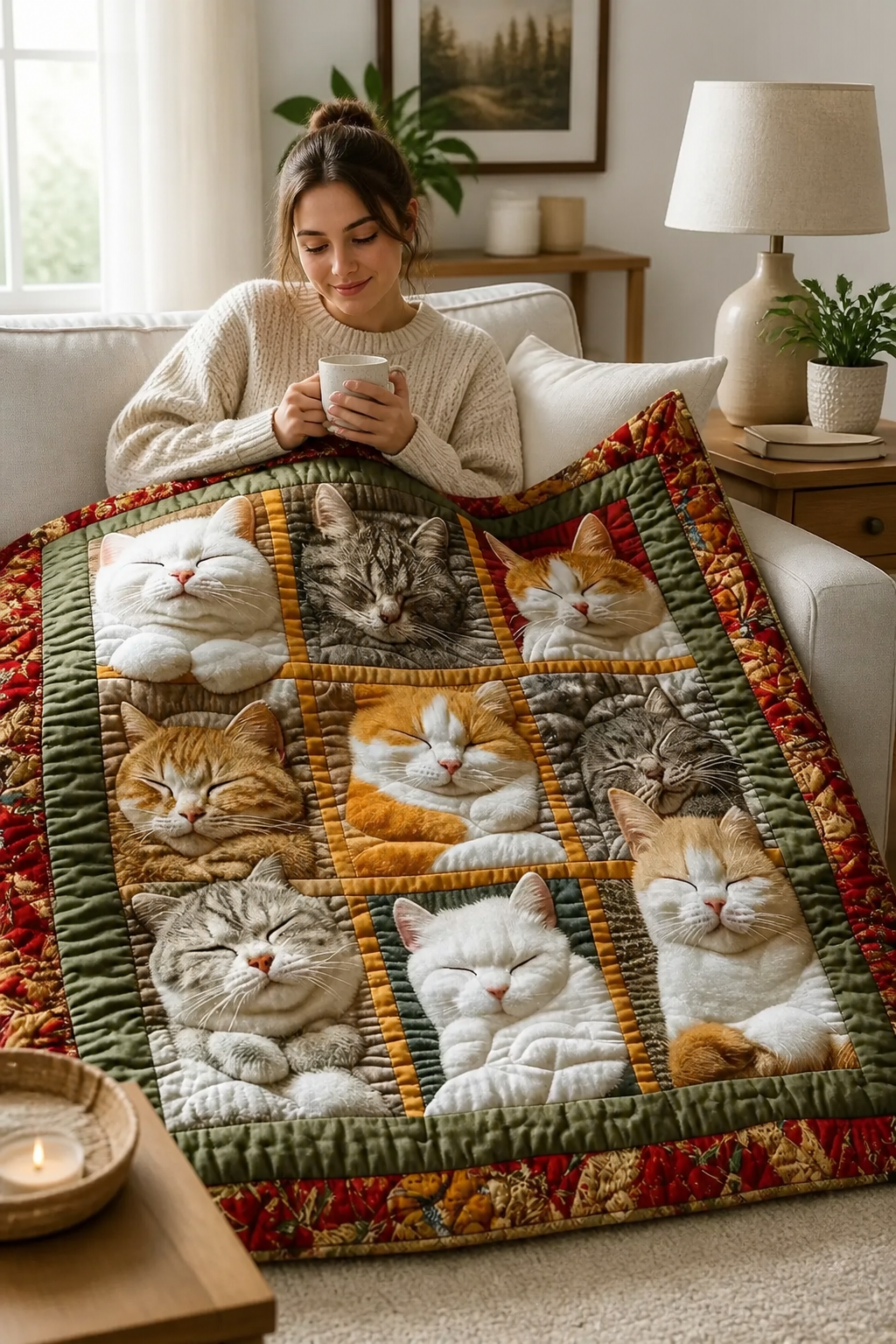 Cosycombe™ Reversible Flannel Throw with Nine Sleeping Cats Print