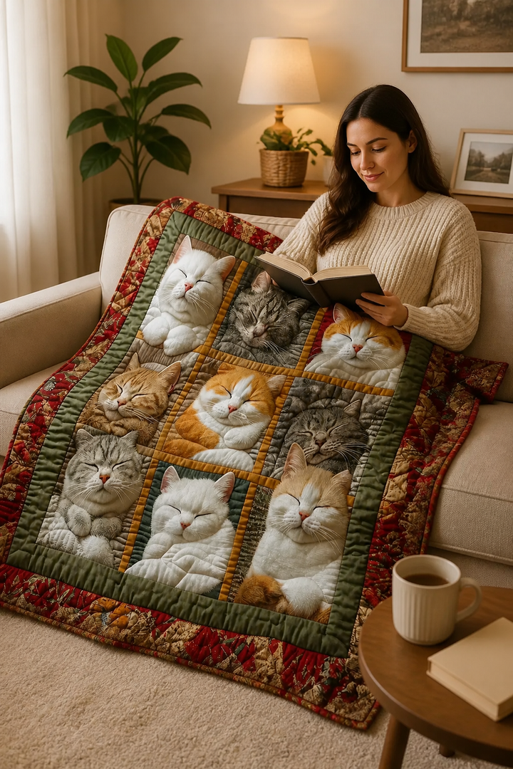 Cosycombe™ Reversible Flannel Throw with Nine Sleeping Cats Print