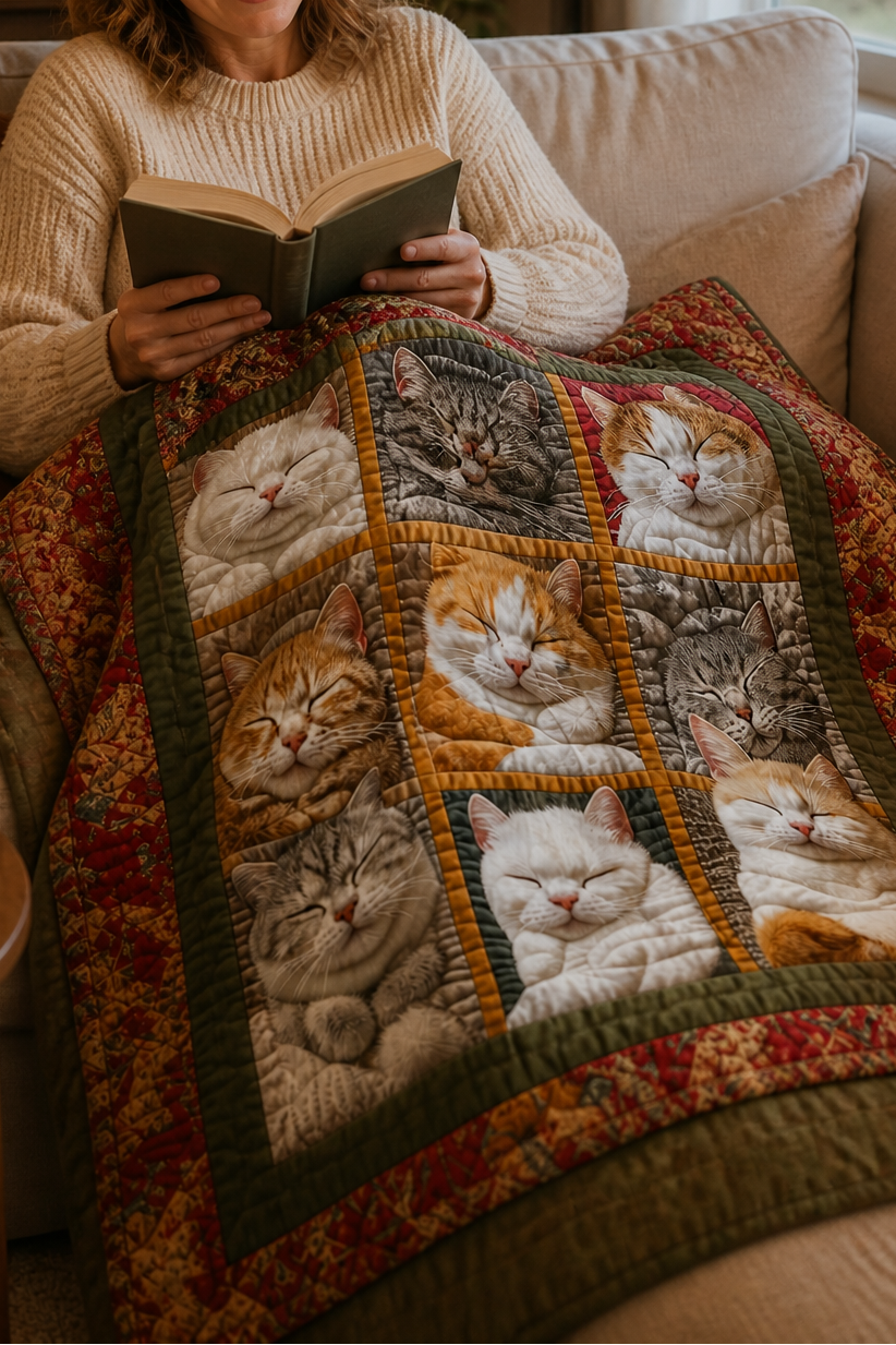 Cosycombe™ Reversible Flannel Throw with Nine Sleeping Cats Print