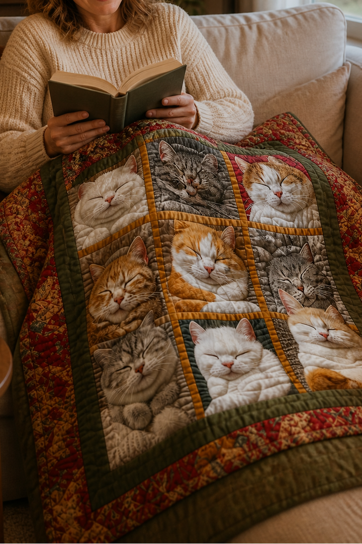 Cosycombe™ Reversible Flannel Throw with Nine Sleeping Cats Print
