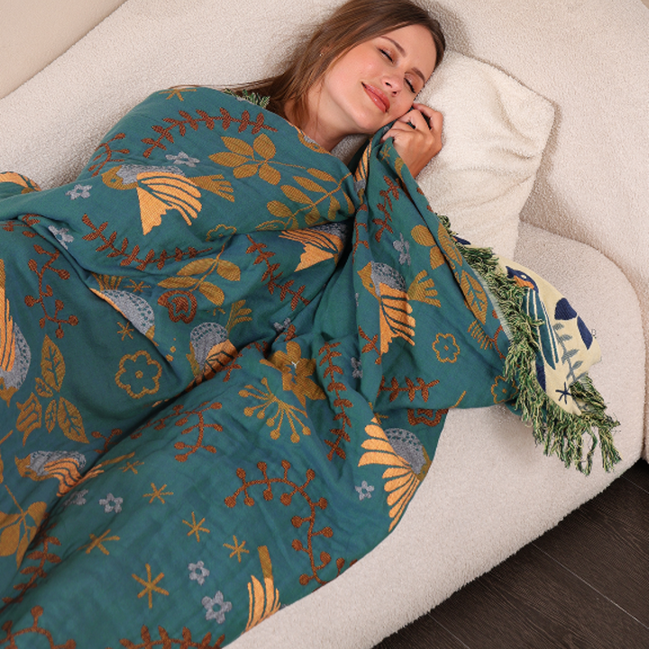 Cosycombe™ Reversible Teal and Cream Throw With Birds and Fringed Edges