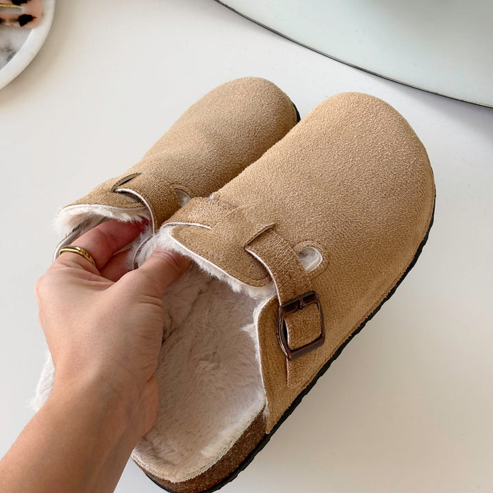 Cosycombe™ Suede Clogs with Faux Fur Lining and Cork Footbed