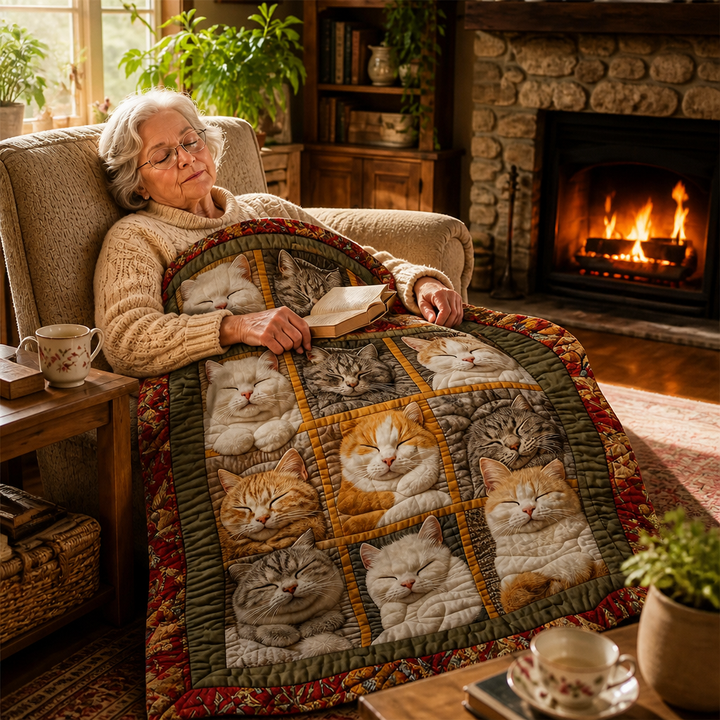 Cosycombe™ Reversible Flannel Throw with Nine Sleeping Cats Print